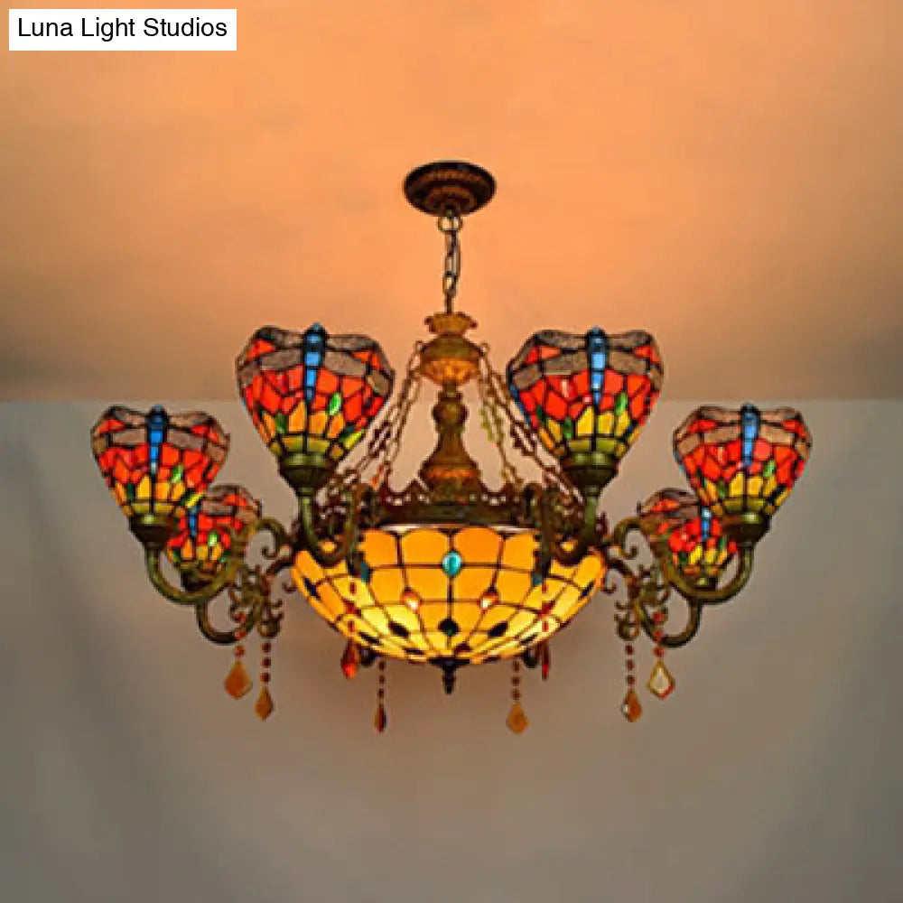 Multicolor Stained Glass Bowl-Shaped Hanging Light: Rustic 9-Light Chandelier With Crystal - Ideal