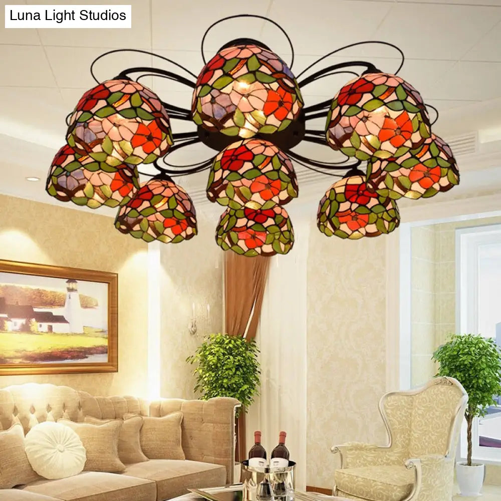 Multicolored Stained Glass Ceiling Light With Orange Peony Tiffany Design - Semi Flush Mount 3/7/9