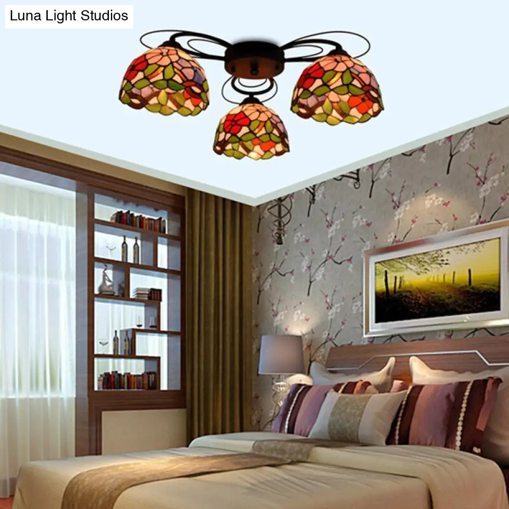 Multicolored Stained Glass Ceiling Light With Orange Peony Tiffany Design - Semi Flush Mount 3/7/9