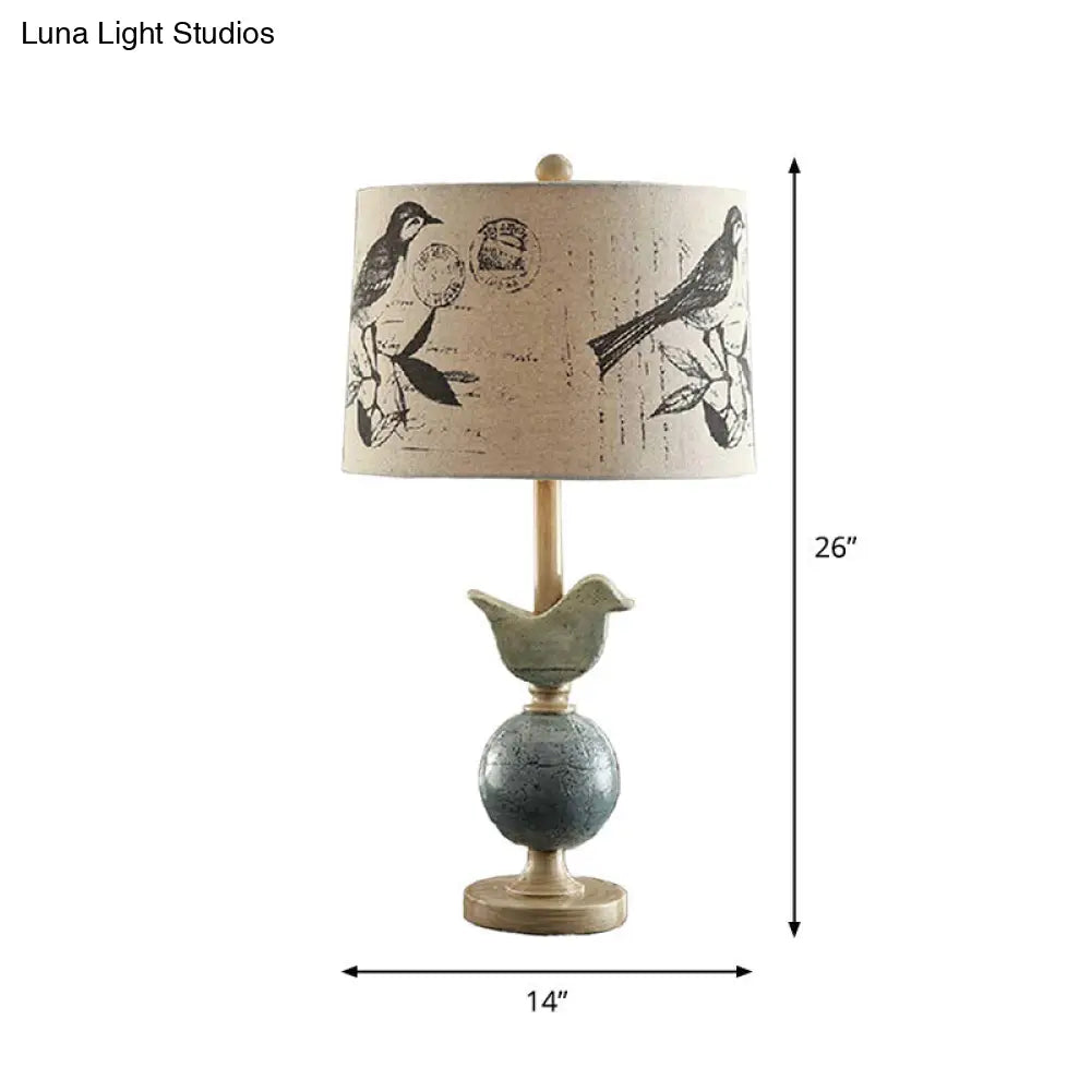 Modern Beige Fabric Drum Table Lamp With Bird And Globe Base - Printed Novelty Night Light