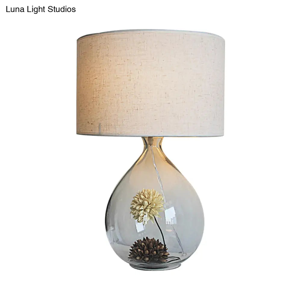 Natalie - Pastoral Drum Restaurant Table Light Fabric 1-Head Cream Gray Night Lamp With Clear Glass