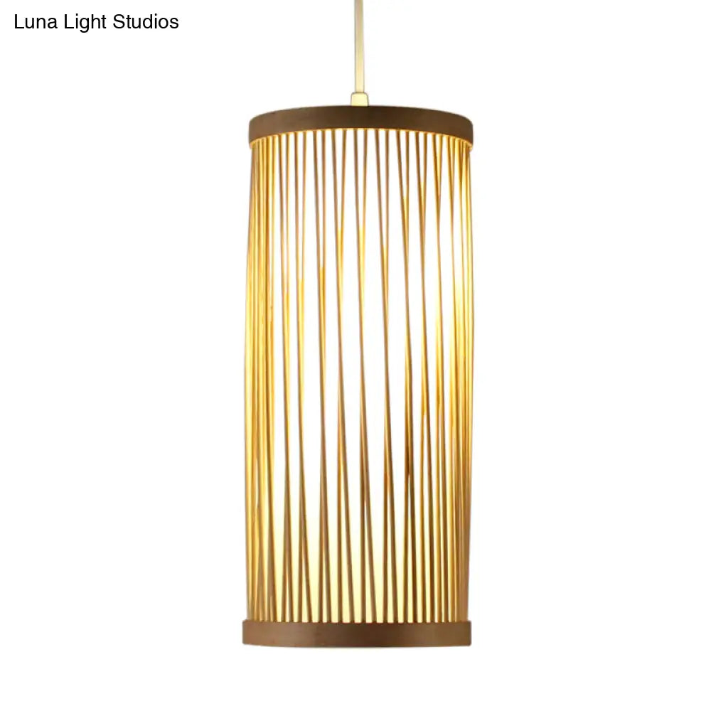 Natural Bamboo Asian Pendant Ceiling Light With Cylinder Wood Shade
