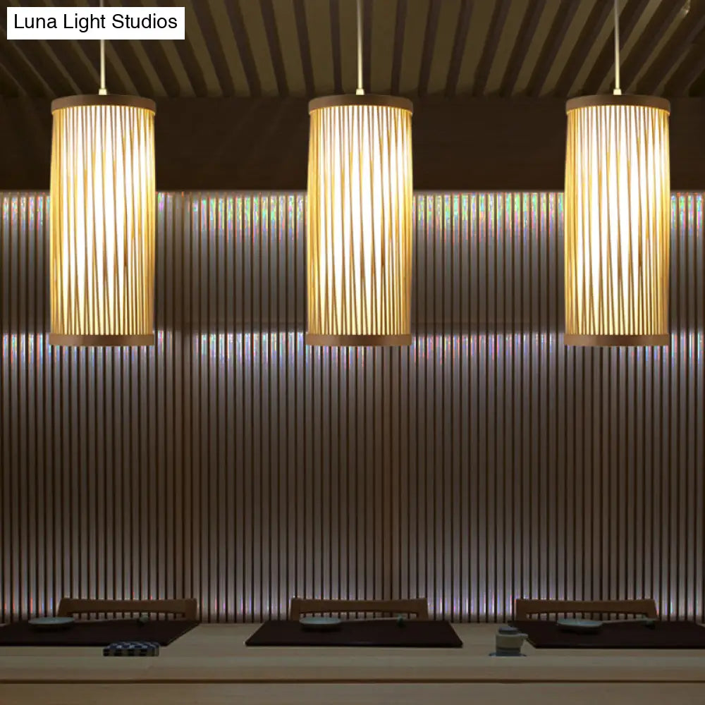 Natural Bamboo Asian Pendant Ceiling Light With Cylinder Wood Shade