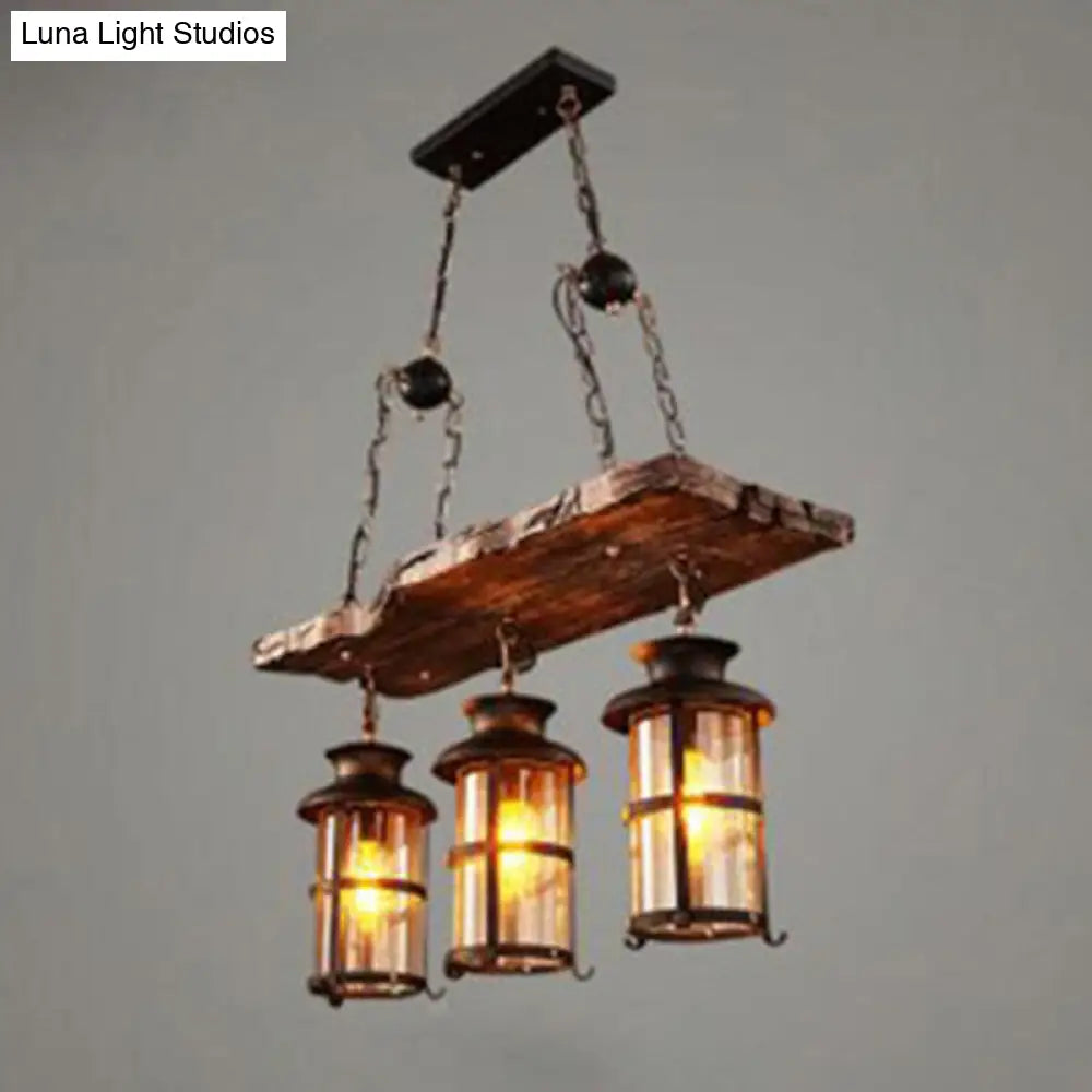 Nautical Clear Glass Cylinder Chandelier With Wooden Plank Décor And 3 Hanging Lights In Brown