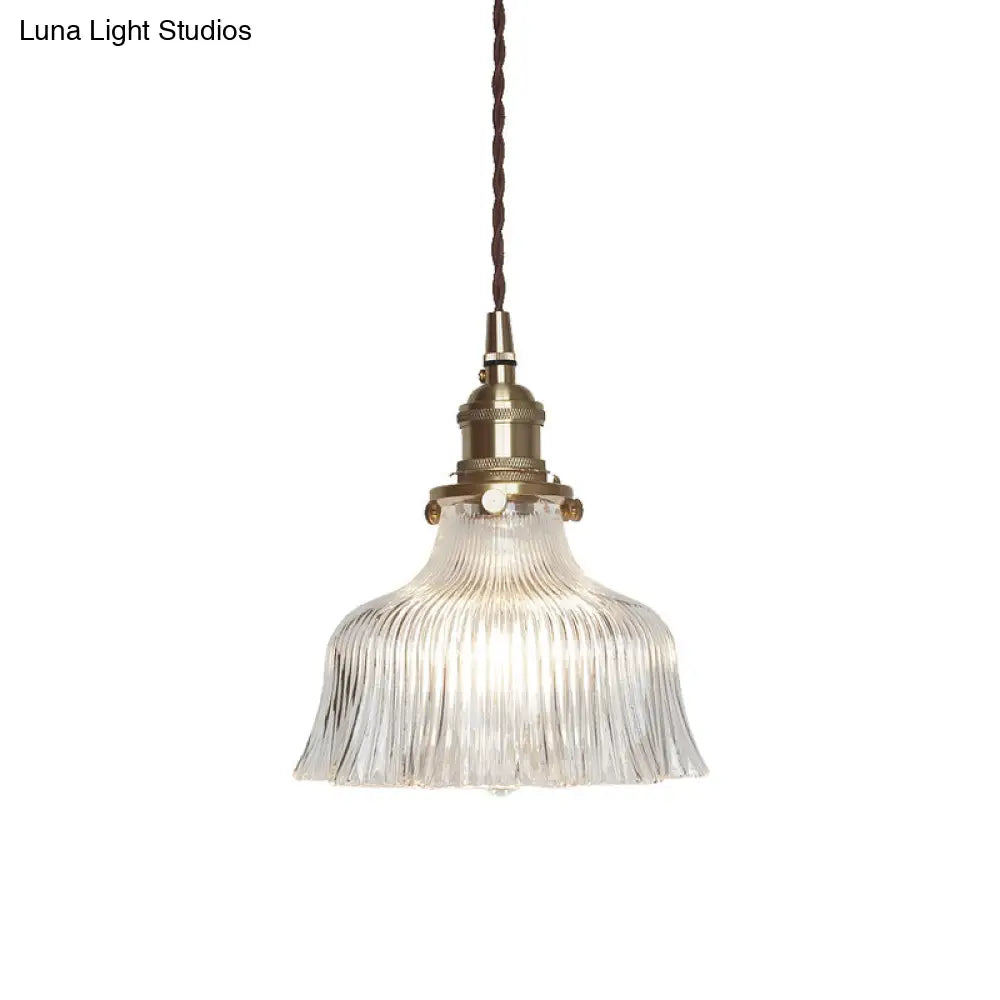 Nautical Brass Pendant Lamp - Clear Glass Pleated Design 1-Light Ceiling Fixture For Restaurants