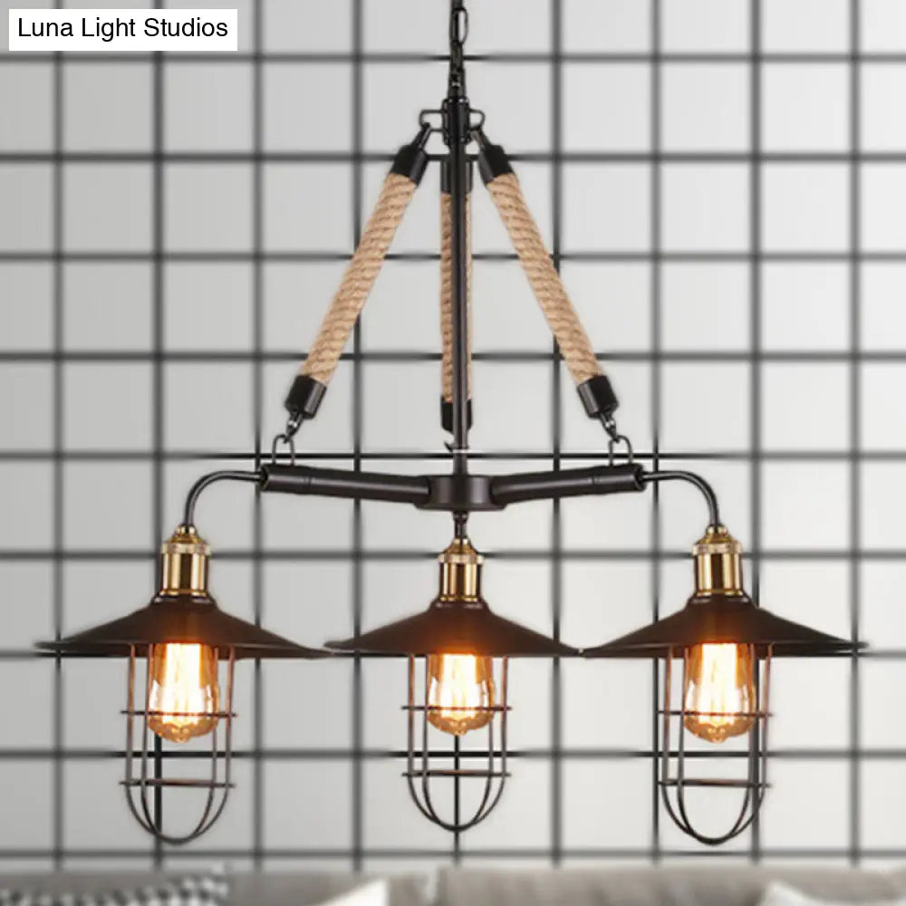 Nautical Style Metal Chandelier With Flared Design - 3-Head Black Ceiling Light Fixture For