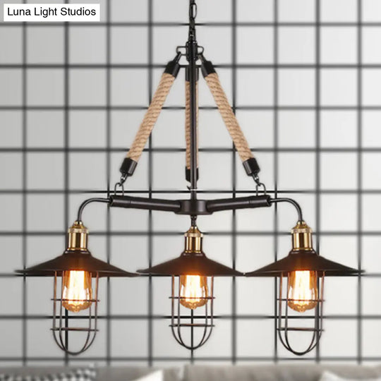 Nautical Style Metal Chandelier With Flared Design - 3-Head Black Ceiling Light Fixture For