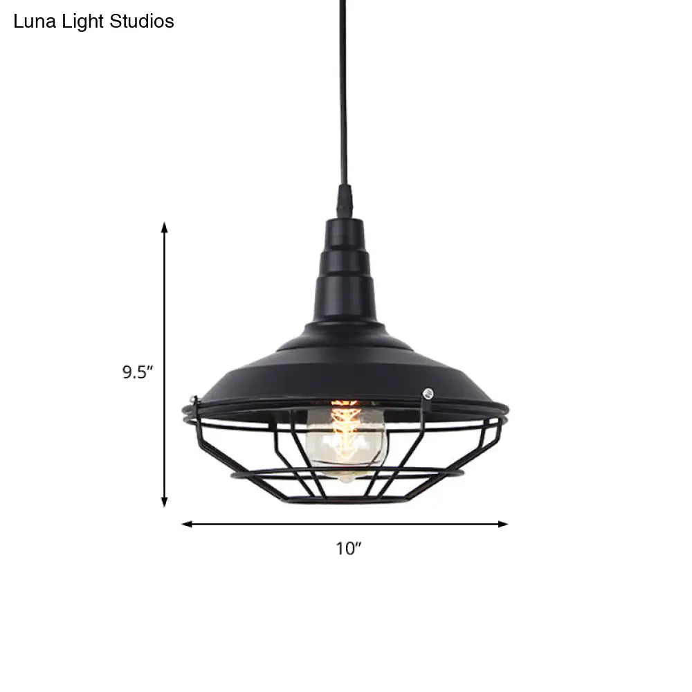 Nautical Iron 1-Light Black Pendant Lamp With Wire Cage - Barn Living Room Hanging Fixture