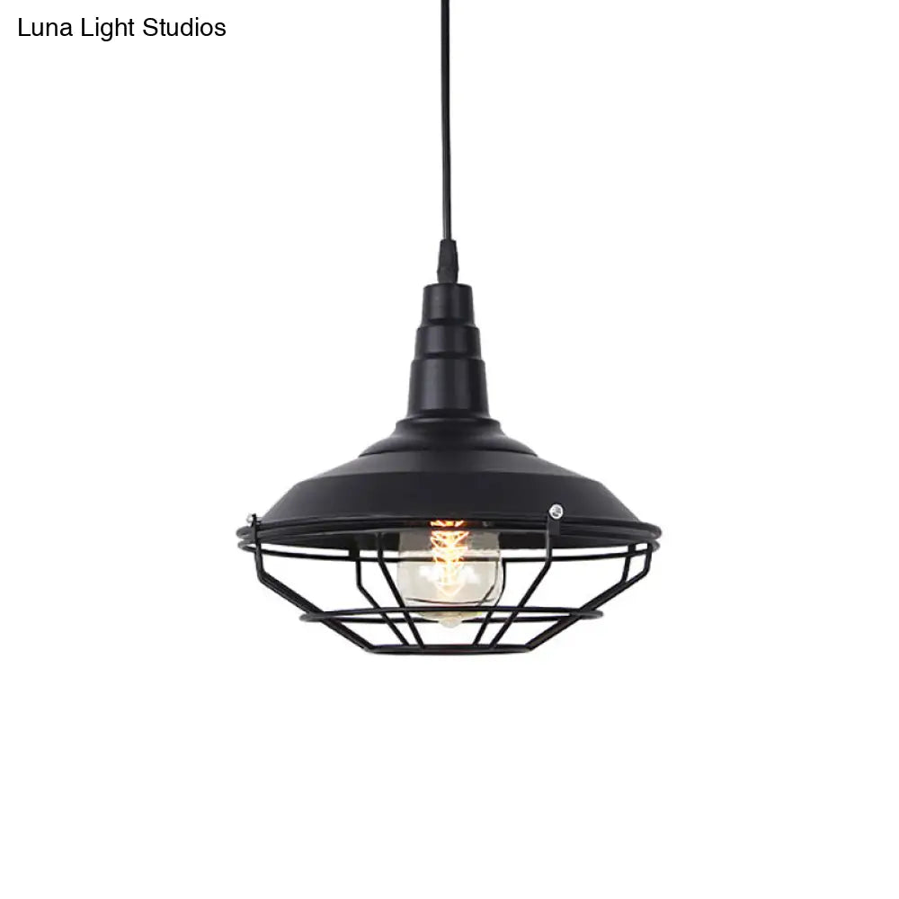 Nautical Iron 1-Light Black Pendant Light With Wire Cage For Barn Living Room