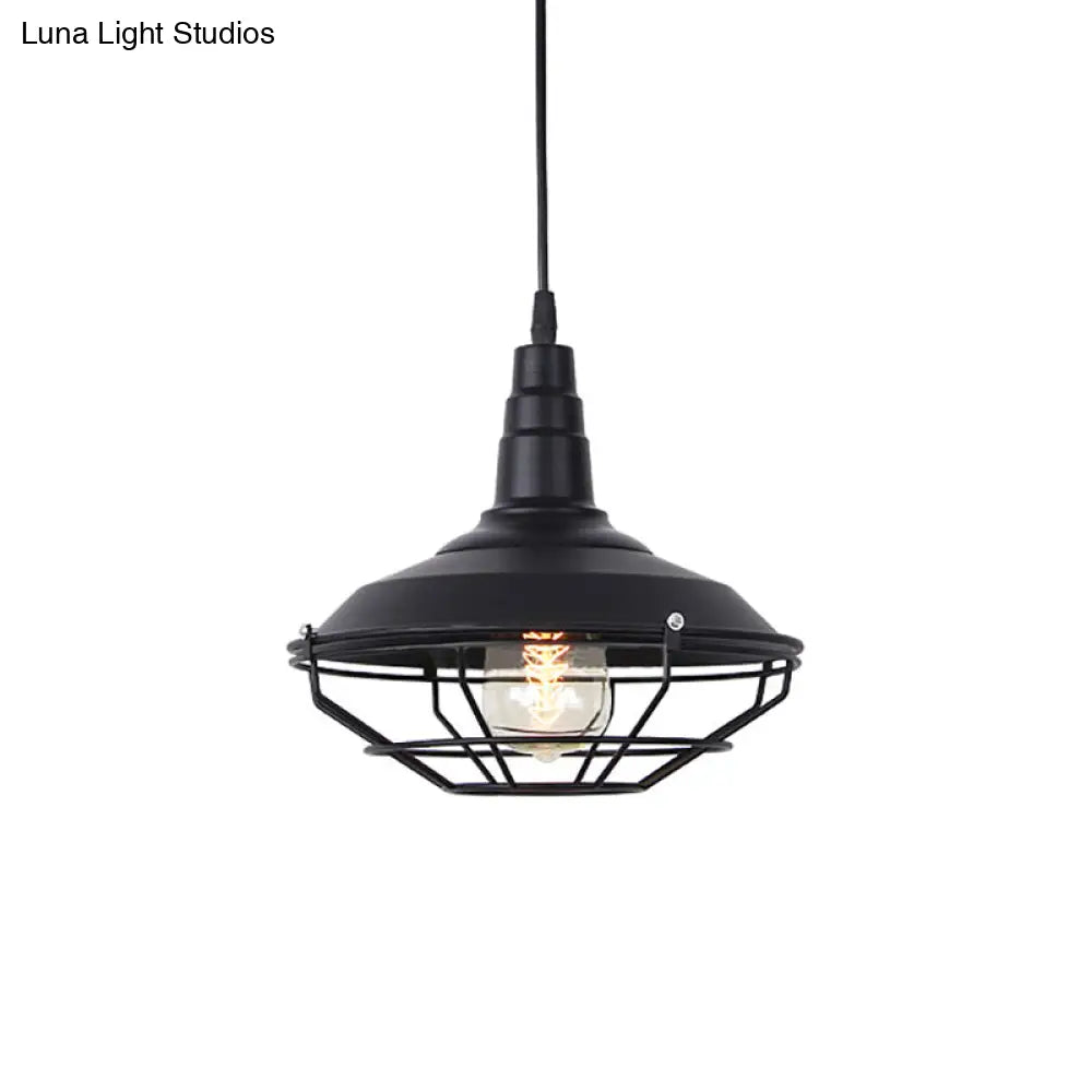 Nautical Iron 1-Light Black Pendant Lamp With Wire Cage - Barn Living Room Hanging Fixture