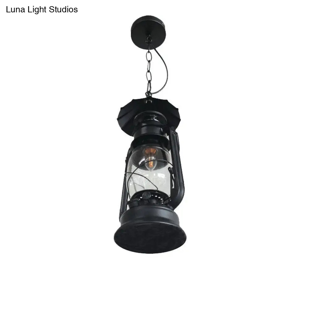 Nautical Clear Glass Kerosene Lantern Pendant Light - Single-Bulb Hanging Lamp For Corridor Black /