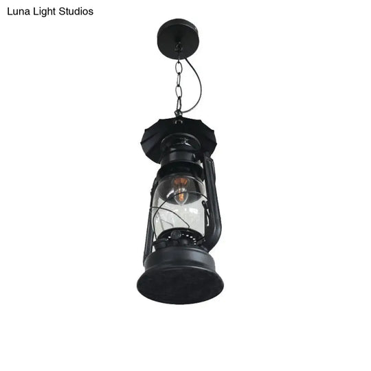 Nautical Clear Glass Kerosene Lantern Pendant Light - Single-Bulb Hanging Lamp For Corridor Black /