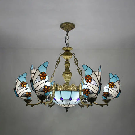 Nautical Lodge Chandelier With Blue Butterfly Glass - 7/9 Lights For Living Room 7 /