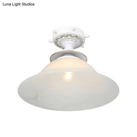 Nautical Opaline Glass Bell Ceiling Light In Black/White/Blue - 1 Bulb Semi Flush Mount Fixture For