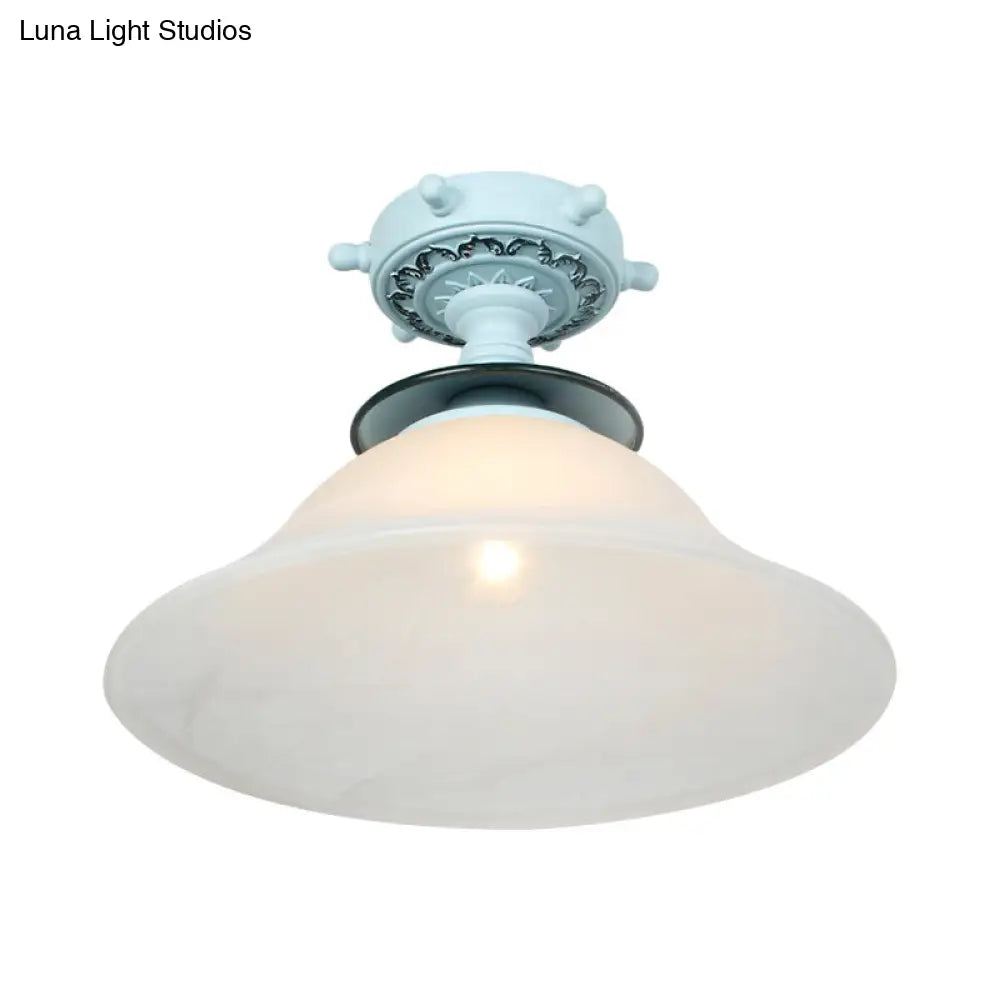 Nautical Glass Bell Semi-Flush Mount Ceiling Light For Hallways With Opaline And 1 Bulb In