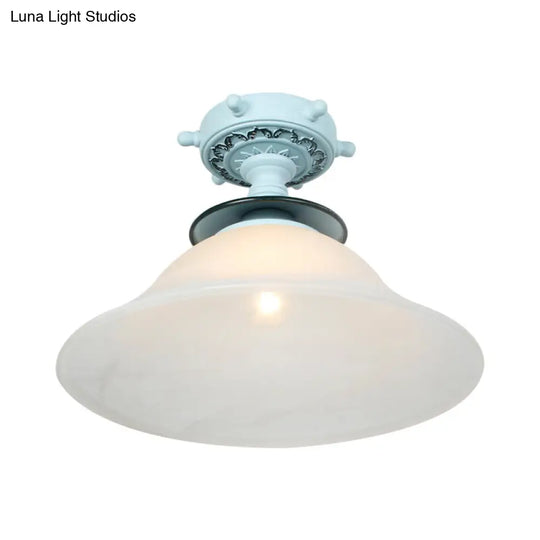 Nautical Glass Bell Semi-Flush Mount Ceiling Light For Hallways With Opaline And 1 Bulb In