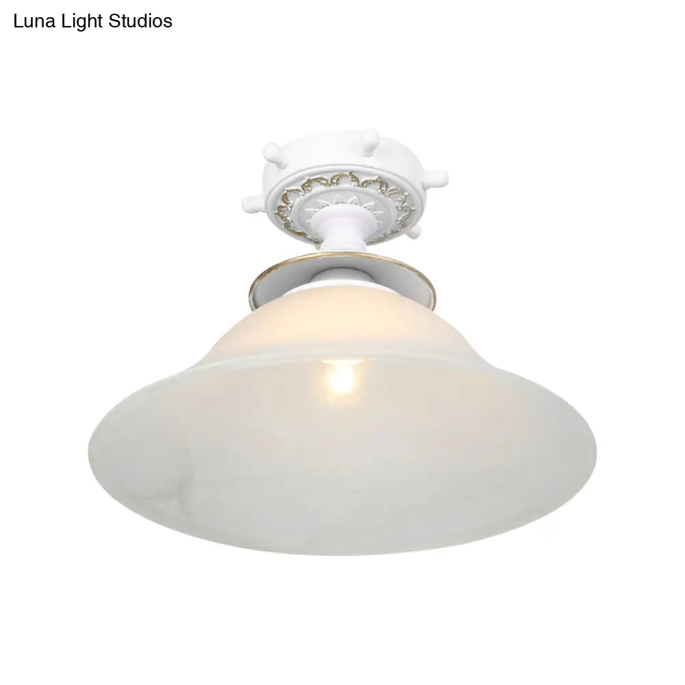 Nautical Opaline Glass Bell Ceiling Light In Black/White/Blue - 1 Bulb Semi Flush Mount Fixture For