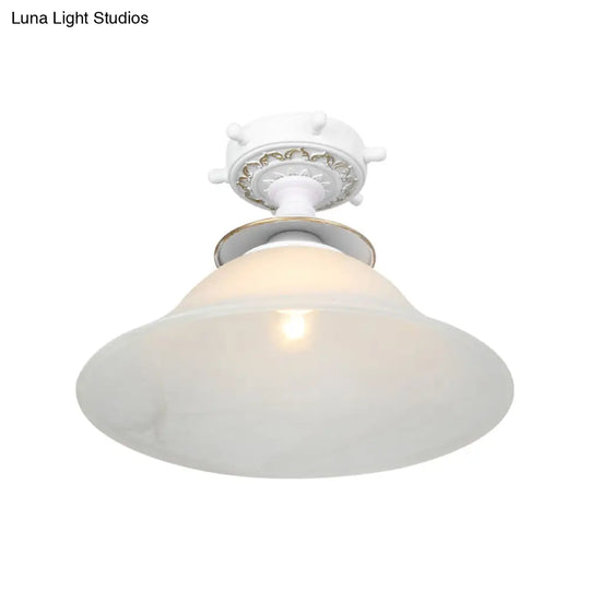 Nautical Opaline Glass Bell Ceiling Light In Black/White/Blue - 1 Bulb Semi Flush Mount Fixture For