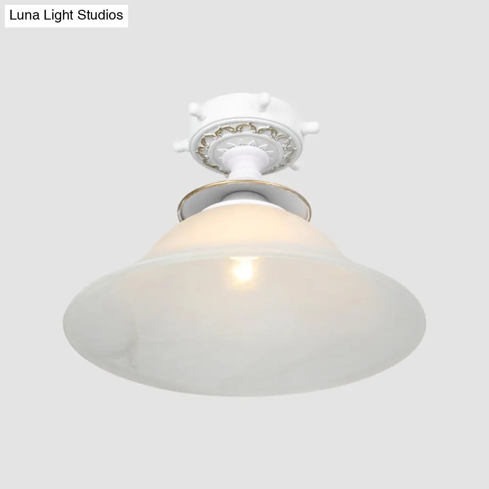 Nautical Opaline Glass Bell Ceiling Light In Black/White/Blue - 1 Bulb Semi Flush Mount Fixture For