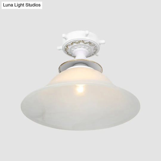 Nautical Opaline Glass Bell Ceiling Light In Black/White/Blue - 1 Bulb Semi Flush Mount Fixture For
