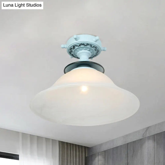 Nautical Glass Bell Semi-Flush Mount Ceiling Light For Hallways With Opaline And 1 Bulb In