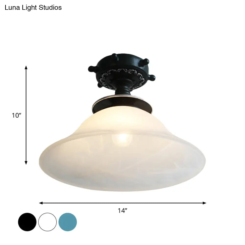 Nautical Opaline Glass Bell Ceiling Light In Black/White/Blue - 1 Bulb Semi Flush Mount Fixture For