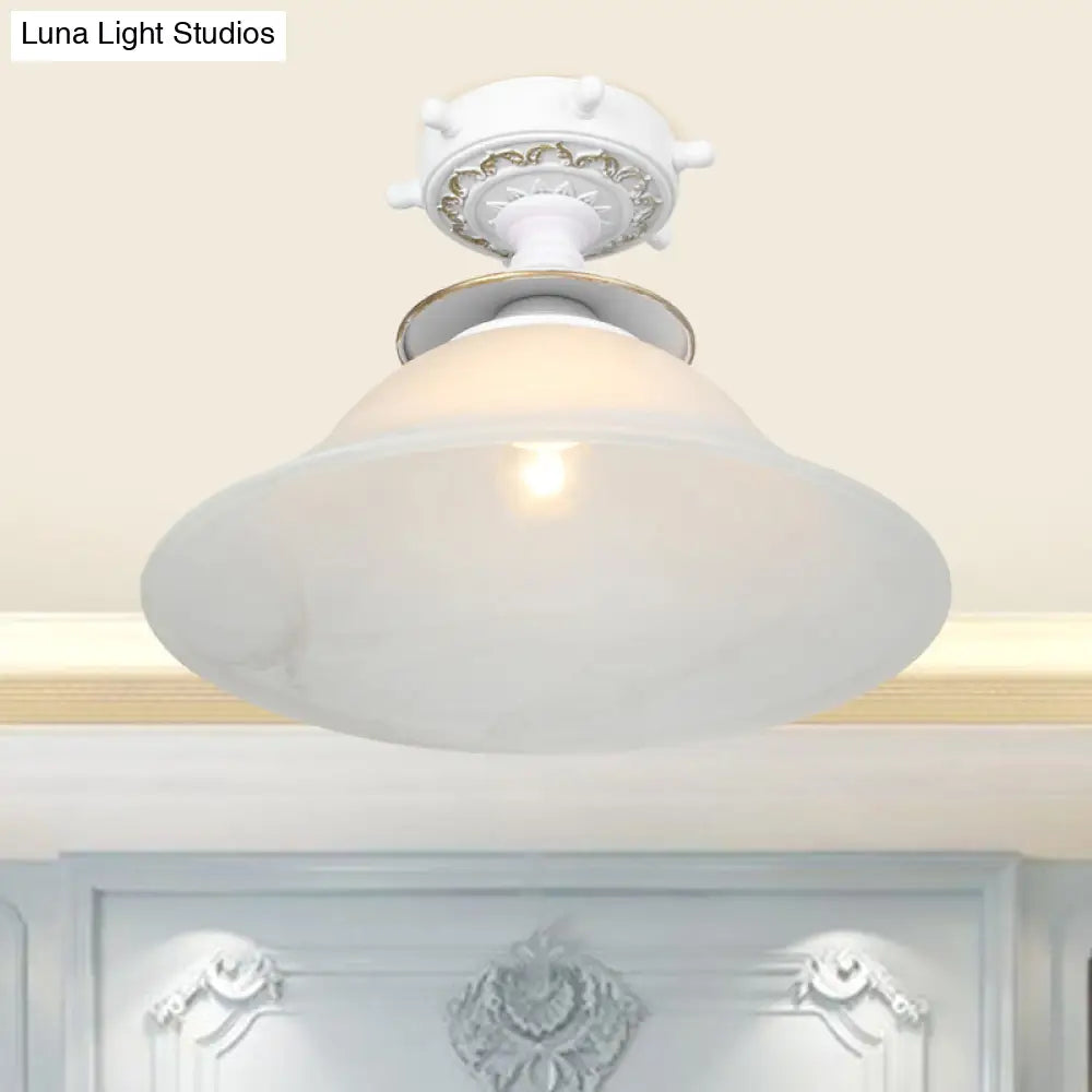 Nautical Opaline Glass Bell Ceiling Light In Black/White/Blue - 1 Bulb Semi Flush Mount Fixture For