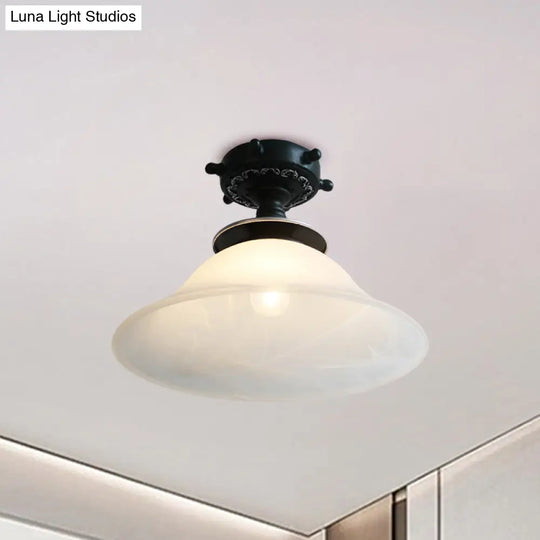 Nautical Opaline Glass Bell Ceiling Light In Black/White/Blue - 1 Bulb Semi Flush Mount Fixture For