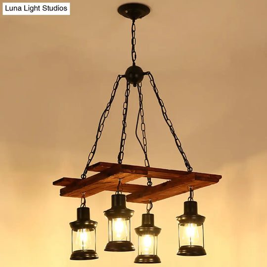 Nautical Lantern Iron Ceiling Light Fixture - Restaurant Chandelier In Wood 4 /