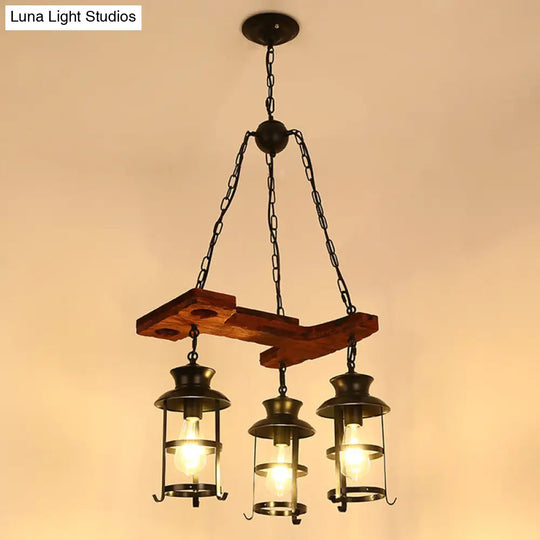 Nautical Lantern Iron Ceiling Light Fixture - Restaurant Chandelier In Wood 3 /