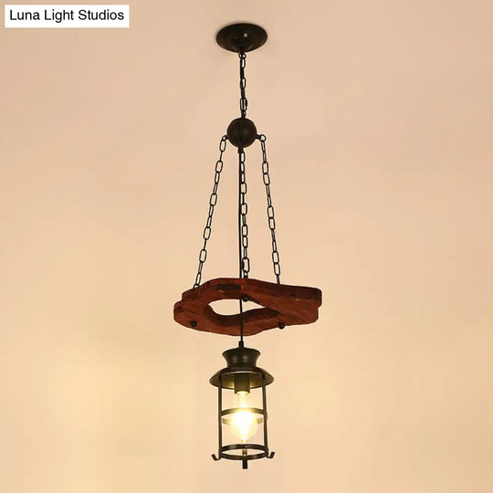 Nautical Lantern Iron Ceiling Light Fixture - Restaurant Chandelier In Wood 1 /