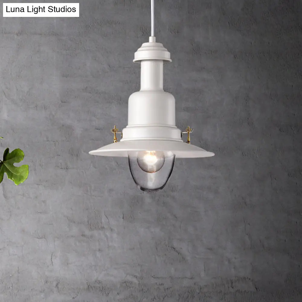 Nautical Style Flat Shade Pendant Lamp - 1 Light Metallic Suspended Black/White Finish For Kitchen