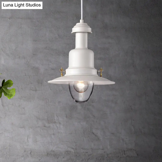 Nautical Style Flat Shade Pendant Lamp - 1 Light Metallic Suspended Black/White Finish For Kitchen