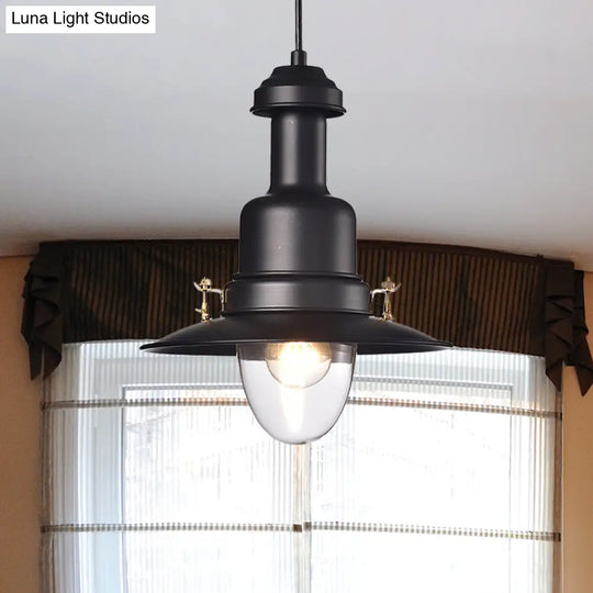 Nautical Style Flat Shade Pendant Lamp - 1 Light Metallic Suspended Black/White Finish For Kitchen