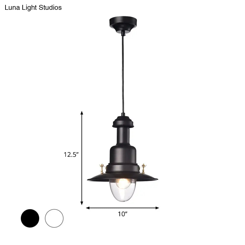 Nautical Style Flat Shade Pendant Lamp - 1 Light Metallic Suspended Black/White Finish For Kitchen