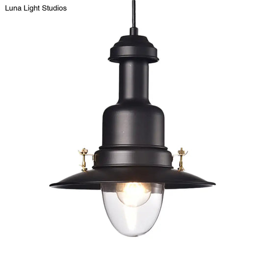 Nautical Style Flat Shade Pendant Lamp - 1 Light Metallic Suspended Black/White Finish For Kitchen