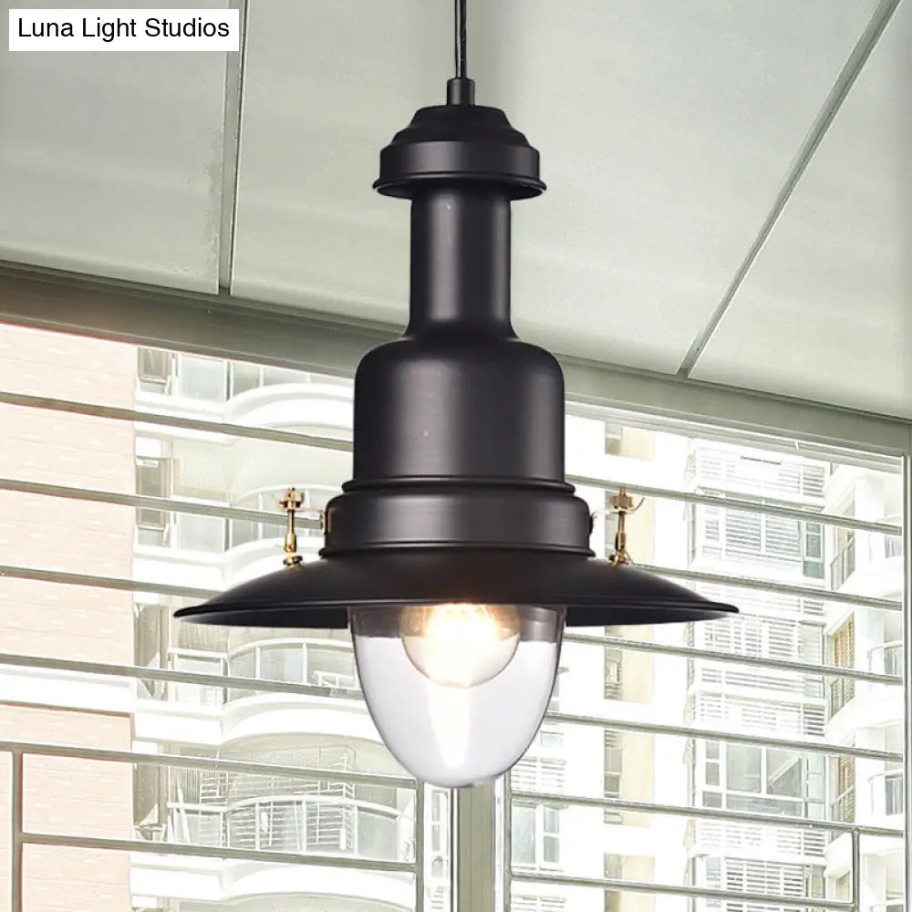 Nautical Style Flat Shade Pendant Lamp - 1 Light Metallic Suspended Black/White Finish For Kitchen