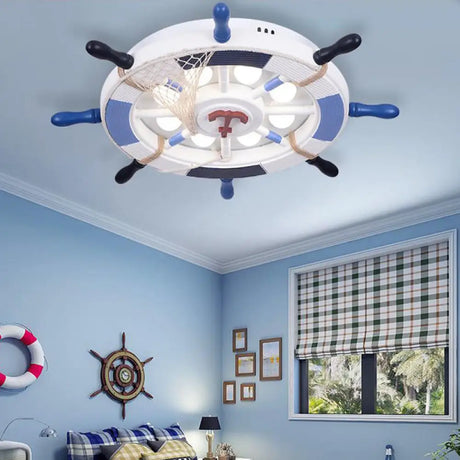 Nautical Style Led Blue Flush Ceiling Light With Rudder Wood Shade / A