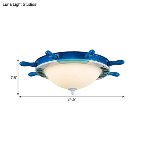 Nautical Style Led Flushmount Light With Blue Milk Glass Shade For Bedroom