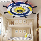 Nautical Style Led Wood Shade Flush Mount Ceiling Light - Blue Finish Dome/Rudder Design