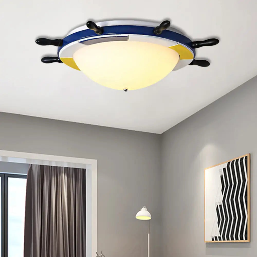 Nautical Style Led Wood Shade Flush Mount Ceiling Light - Blue Finish Dome/Rudder Design / Dome