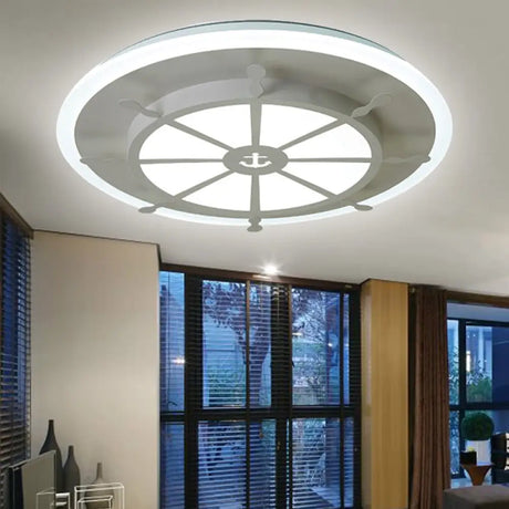 Nautical Style Metal Compass Flush Mount Ceiling Lamp In White Finish For Dining Room /