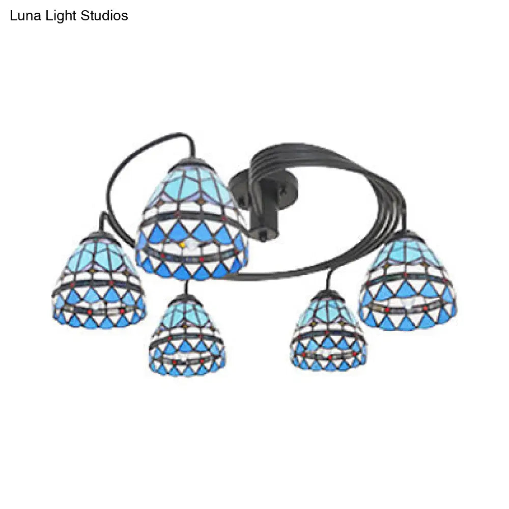 Nautical Style Semi Flush Light With Stained Glass Shade - Boat Mediterranean Baroque Design 3/5