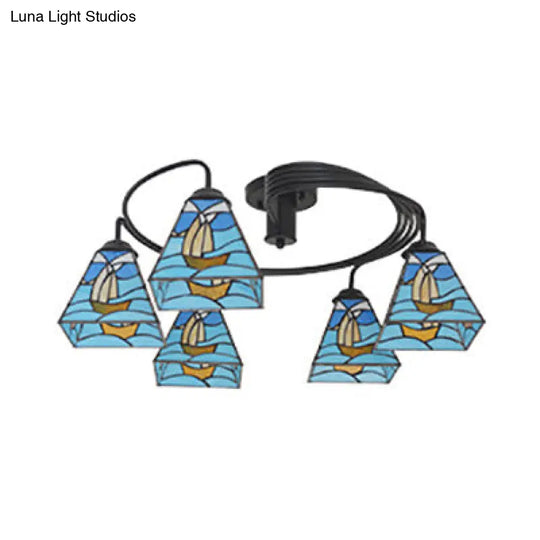 Nautical Style Semi Flush Light With Stained Glass Shade - Boat Mediterranean Baroque Design 3/5