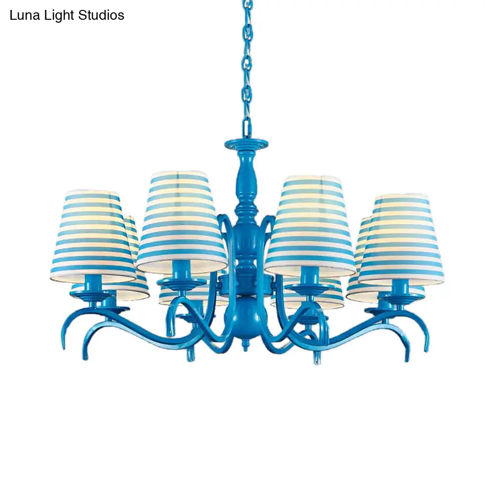 Nautical Suspension Chandelier - Tapered Metal Shade 10 Blue Heads Living Room Light