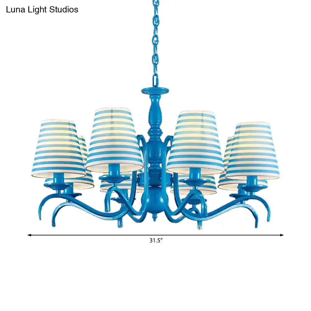 Nautical Suspension Chandelier - Tapered Metal Shade 10 Blue Heads Living Room Light