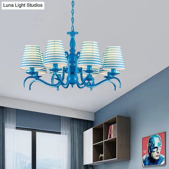 Nautical Suspension Chandelier - Tapered Metal Shade 10 Blue Heads Living Room Light
