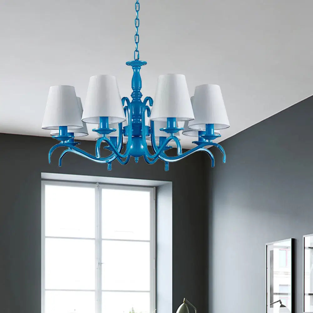 Nautical Suspension Chandelier - Tapered Metal Shade 10 Blue Heads Living Room Light White