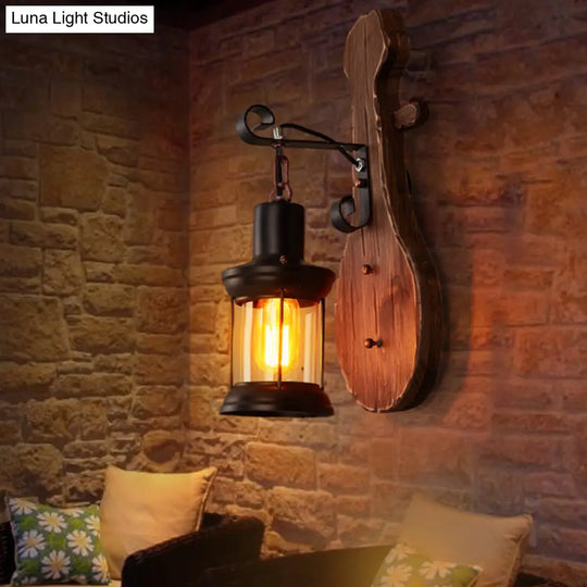 Nautical Wood Sconce Wall Light With Lantern Lampshade - Novelty Guitar Design