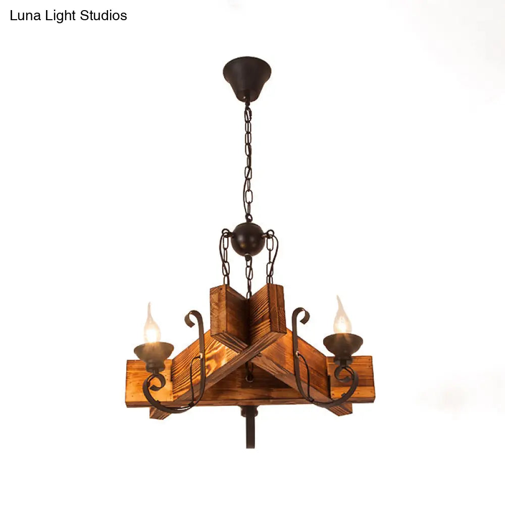 Nautical Wooden Hanging Light Fixture-Chandelier In Brown Triangular/Square Design 3/4/6-Head
